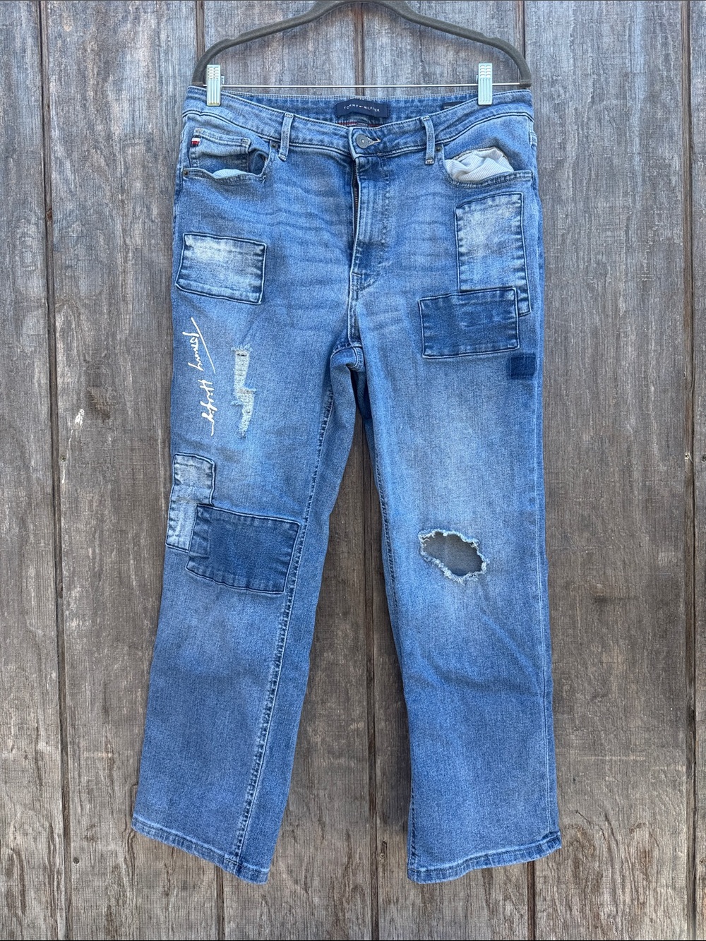 Tommy Hilfiger Blue Patchwork Distressed Tribeca Straight Ankle Jeans Size 16